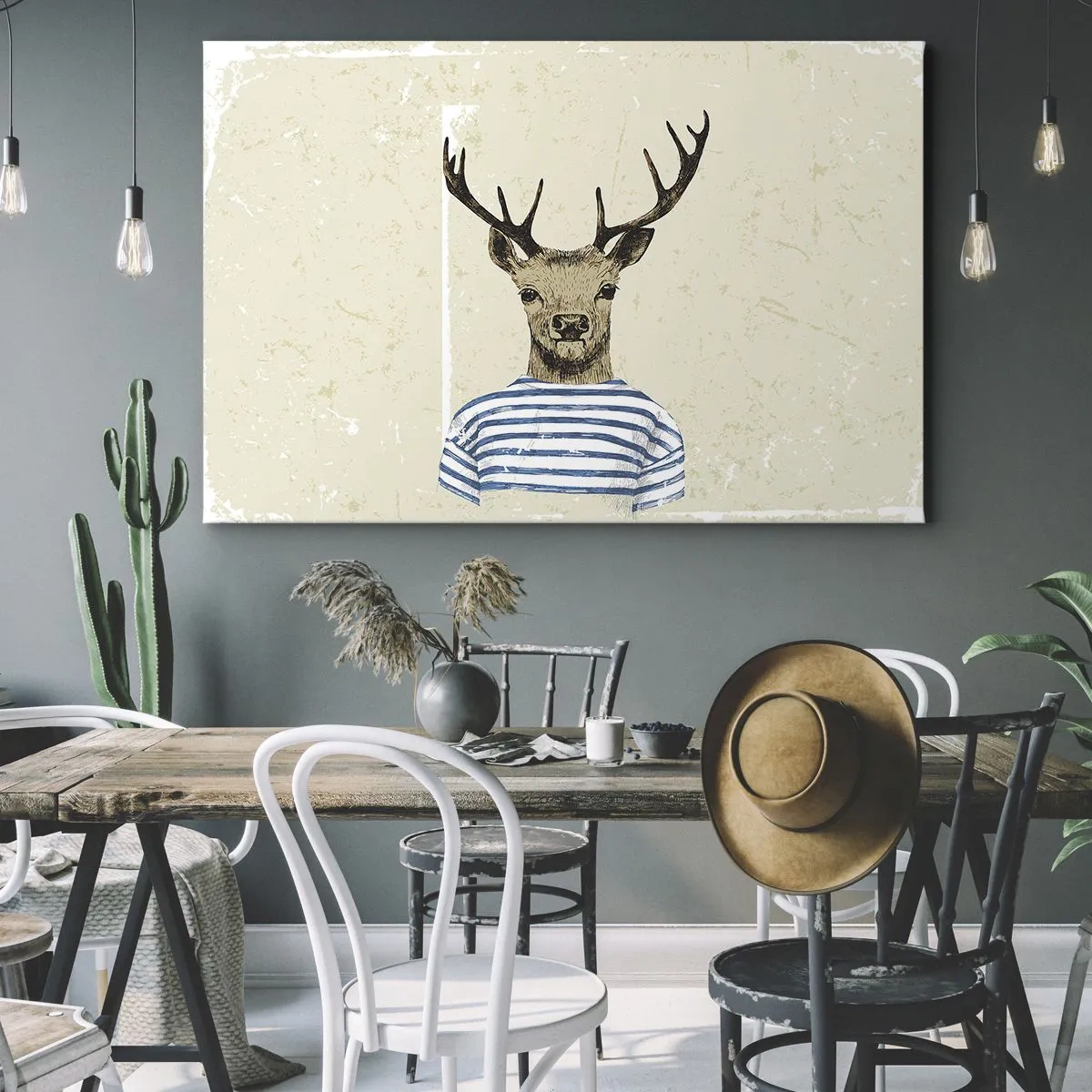 Obraz na plátně - Jelen v pruhované košili na světlém pozadí s jemnou texturou - 70x50cm - Protože mám rád pruhované košile! - Moderní nástěnná dekorace do obývacího pokoje a ložnice ARTTOR