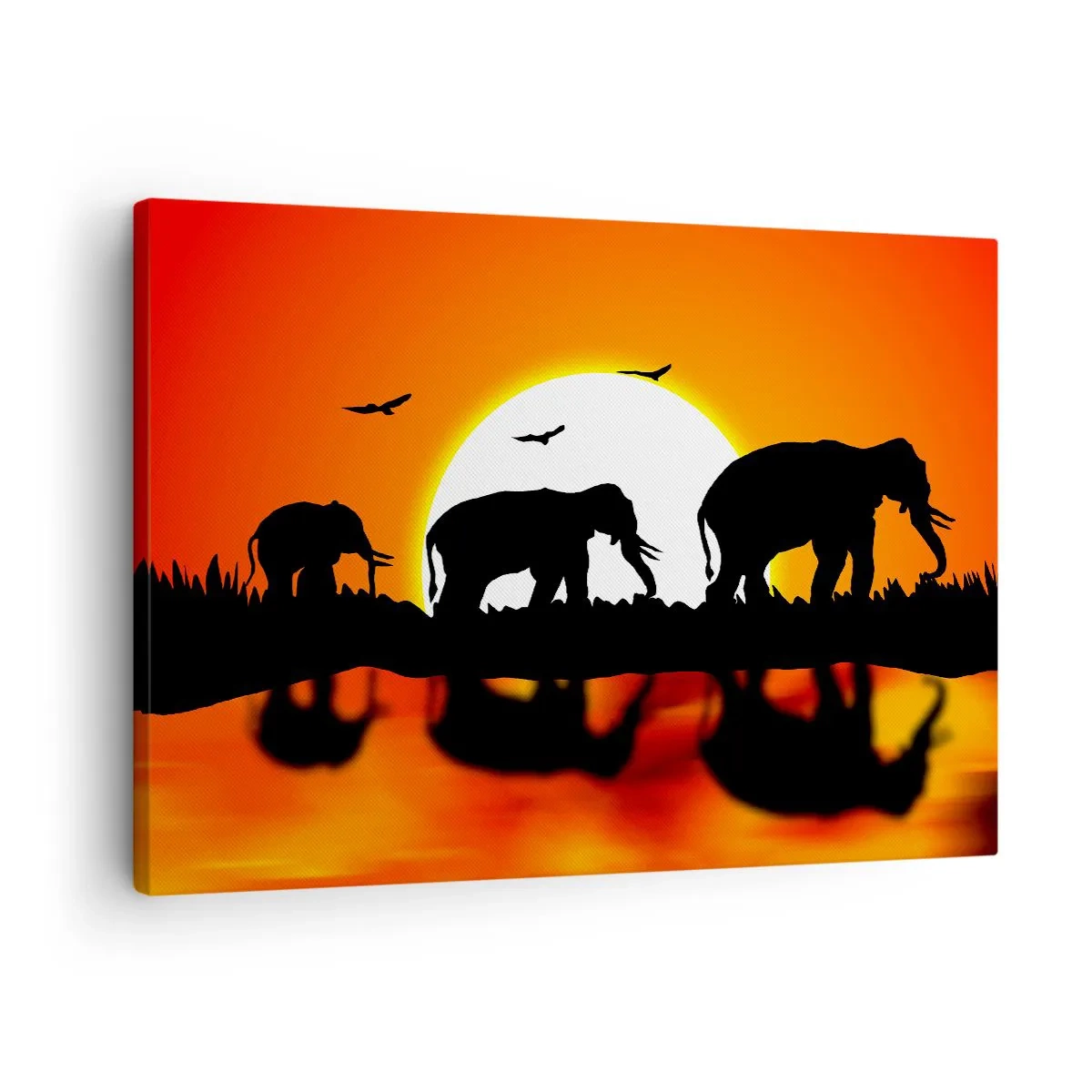 Obraz na plátně - Siluety slonů při západu slunce nad vodou s odrazem - 70x50cm - A večer na malý drink - Moderní nástěnná dekorace do obývacího pokoje a ložnice ARTTOR