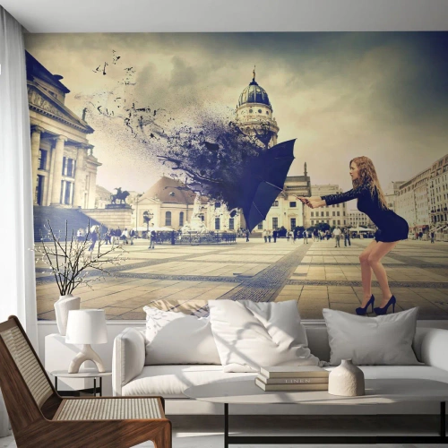 Fototapeta Samolepicí Deluxe Sticker - Je takový vítr… - Žena, Město, Tajemný deštník - 250x175 cm