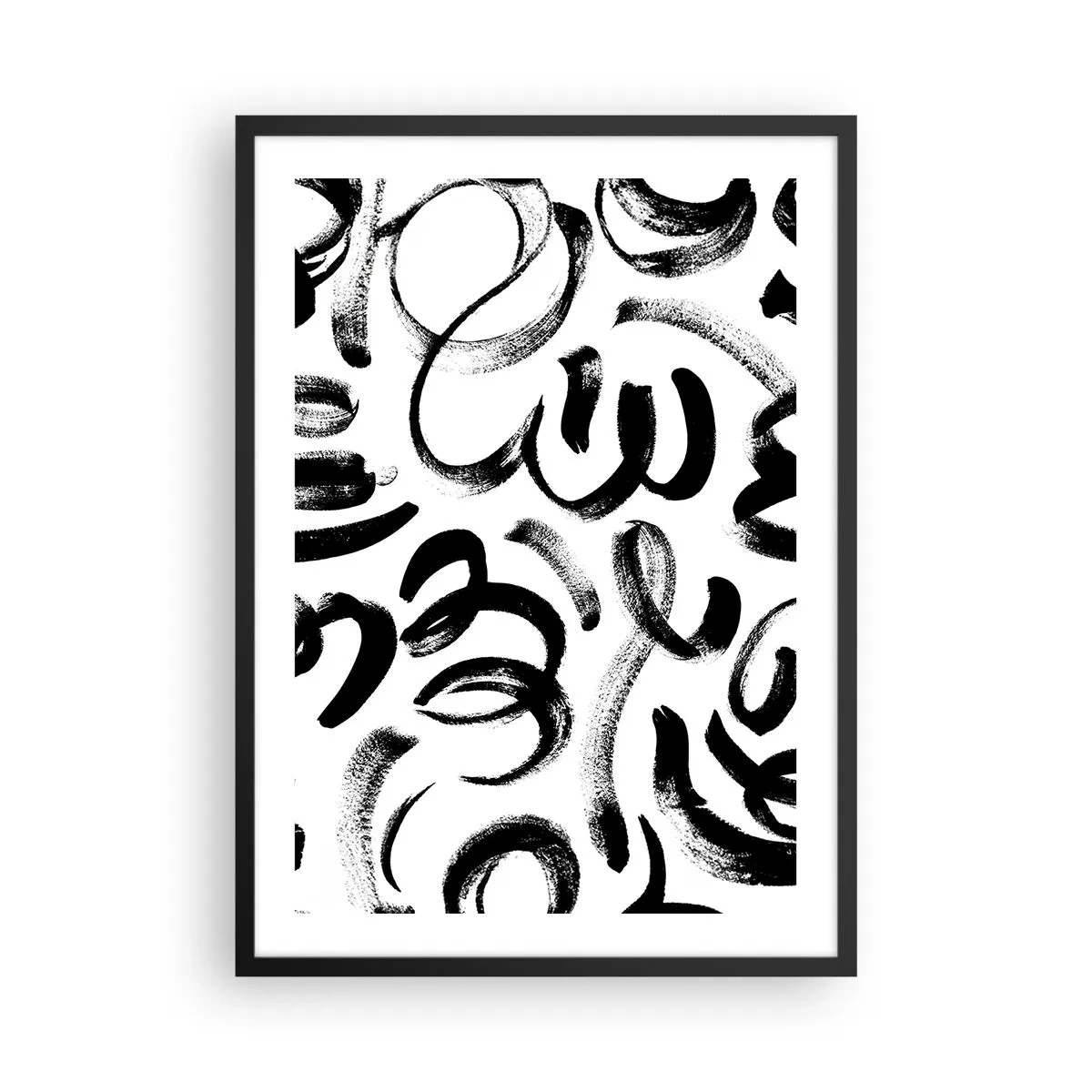 Plakát v černém rámu - Abstraktní černé tahy štětcem na bílém pozadí - 50x70cm - Černé na bílém - Moderní nástěnná dekorace do obývacího pokoje a ložnice ARTTOR