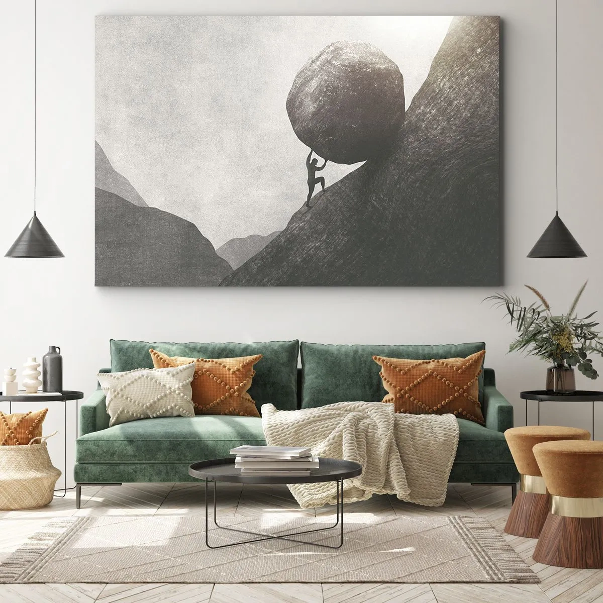 Obraz na plátně - Muž šplhající na obrovský balvan do kopce - 70x50cm - Věřím, proti vší naději - Moderní nástěnná dekorace do obývacího pokoje a ložnice ARTTOR