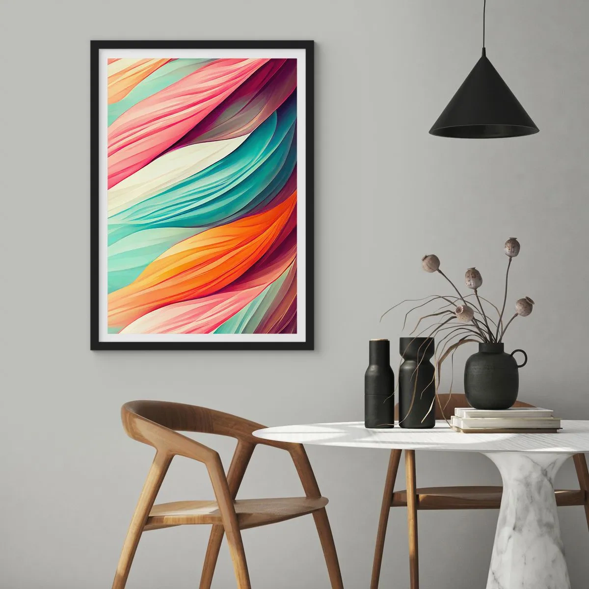Plakát v černém rámu - Abstraktní kompozice vlnovek v intenzivních barvách. - 50x70cm - Duhový uzel - Moderní nástěnná dekorace do obývacího pokoje a ložnice ARTTOR
