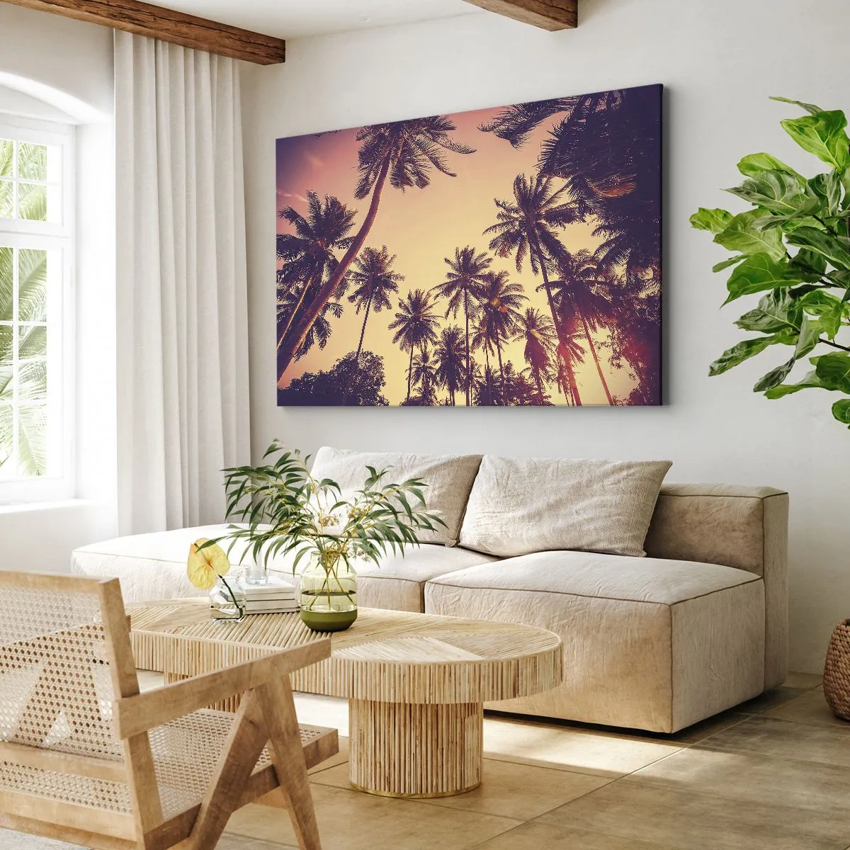 Obraz na plátně - Palmy proti obloze s teplými barvami západu slunce - 70x50cm - Tropická variace - Moderní nástěnná dekorace do obývacího pokoje a ložnice ARTTOR