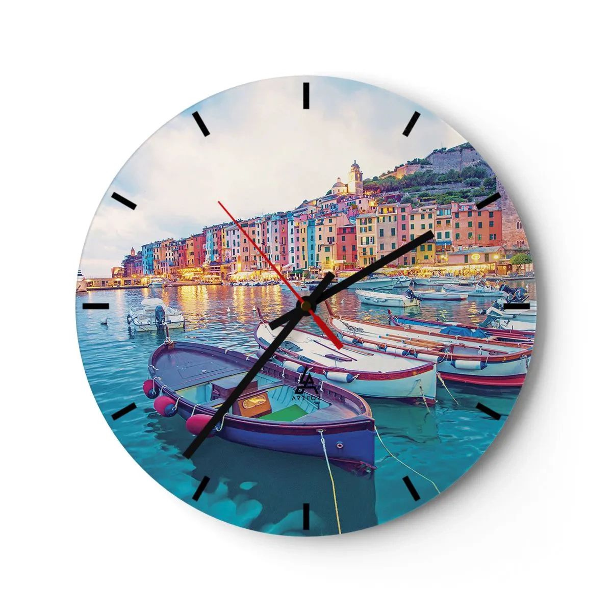 Nástěnné hodiny - Barevný přímořský přístav s loděmi při západu slunce - 30x30cm - Barevný večer v přístavu - Moderní nástěnná dekorace do obývacího pokoje, kuchyně a ložnice ARTTOR