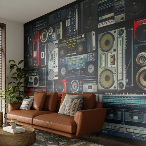 Fototapeta Premium Canvas - Stesk po 80. letech - Magnetofon, Hudební zesilovač, Vintage hudební vybavení - 400x280 cm