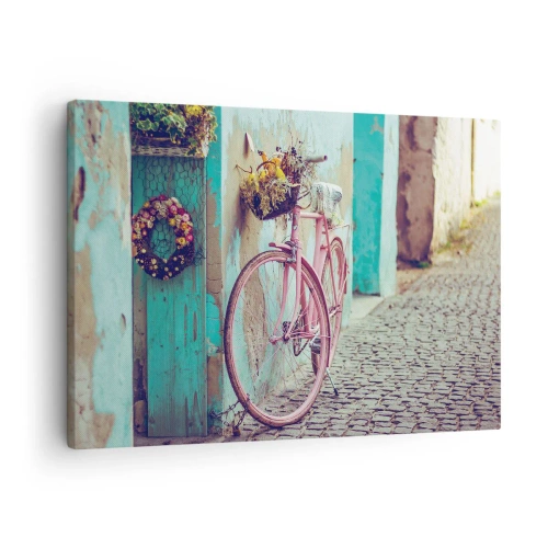 Obraz na plátně - Růžové kolo u tyrkysových dveří - 70x50cm - Hned se vrátím - Moderní nástěnná dekorace do obývacího pokoje a ložnice ARTTOR
