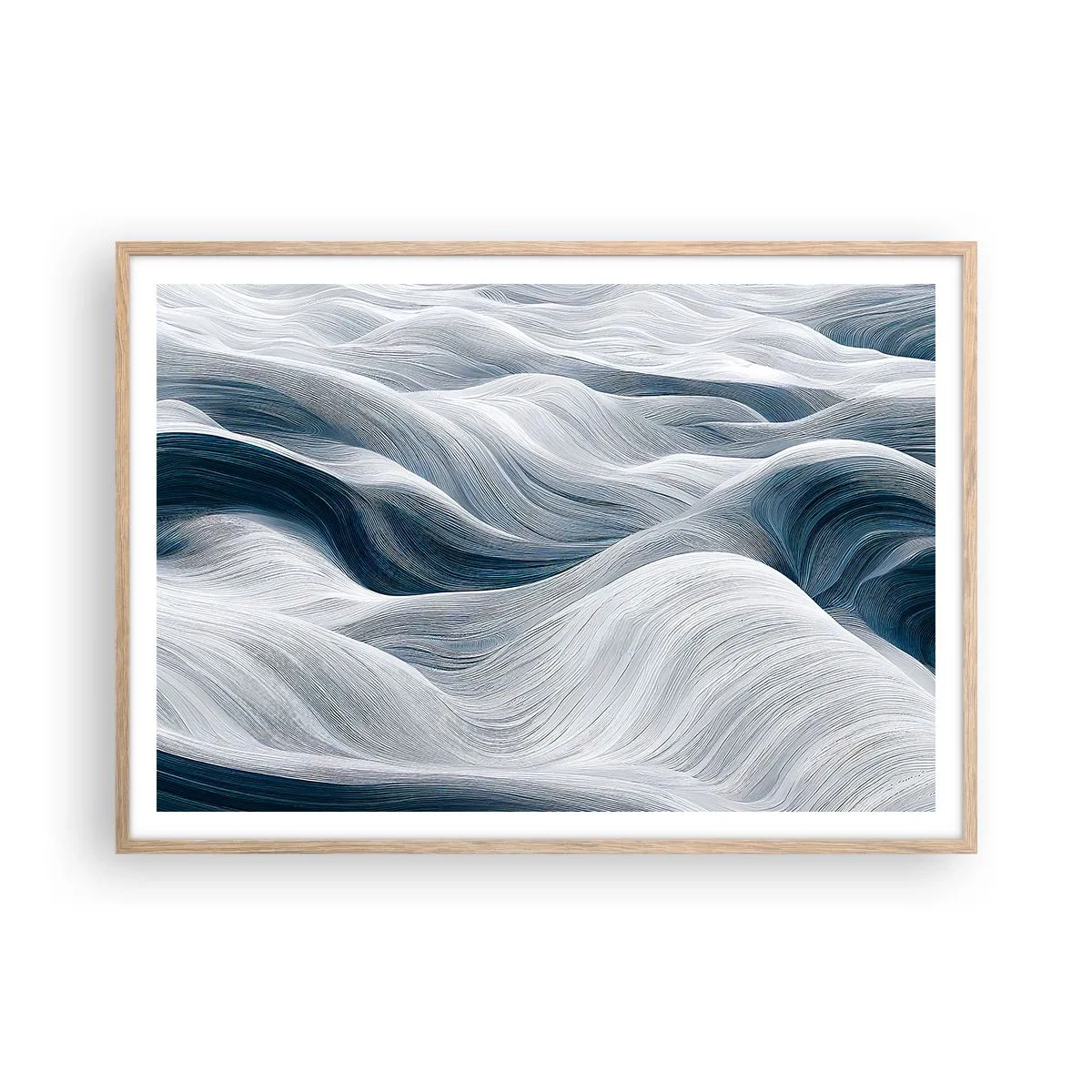 Plakát v rámu světlý dub - Bílé a modré vlny - 100x70 cm