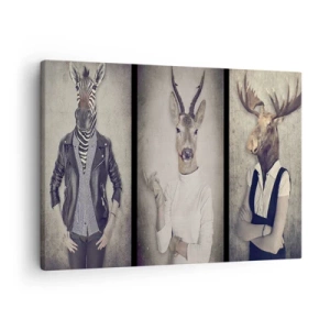 Obraz na plátně - Triptych se zvířecími postavami v lidském oděvu na uměleckém pozadí - 70x50cm - Ať promluví gesta - Moderní nástěnná dekorace do obývacího pokoje a ložnice ARTTOR