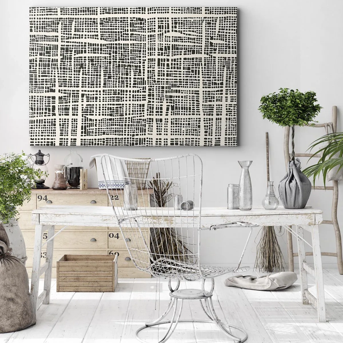 Obraz na plátně - Geometrický vzor připomínající mřížku na světlém pozadí - 70x50cm - Tkaná kompozice - Moderní nástěnná dekorace do obývacího pokoje a ložnice ARTTOR