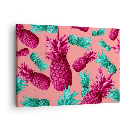 Obraz na plátně - Exotické ananasy v růžových a tyrkysových barvách - 70x50cm - Svoboda je sladká - Moderní nástěnná dekorace do obývacího pokoje a ložnice ARTTOR