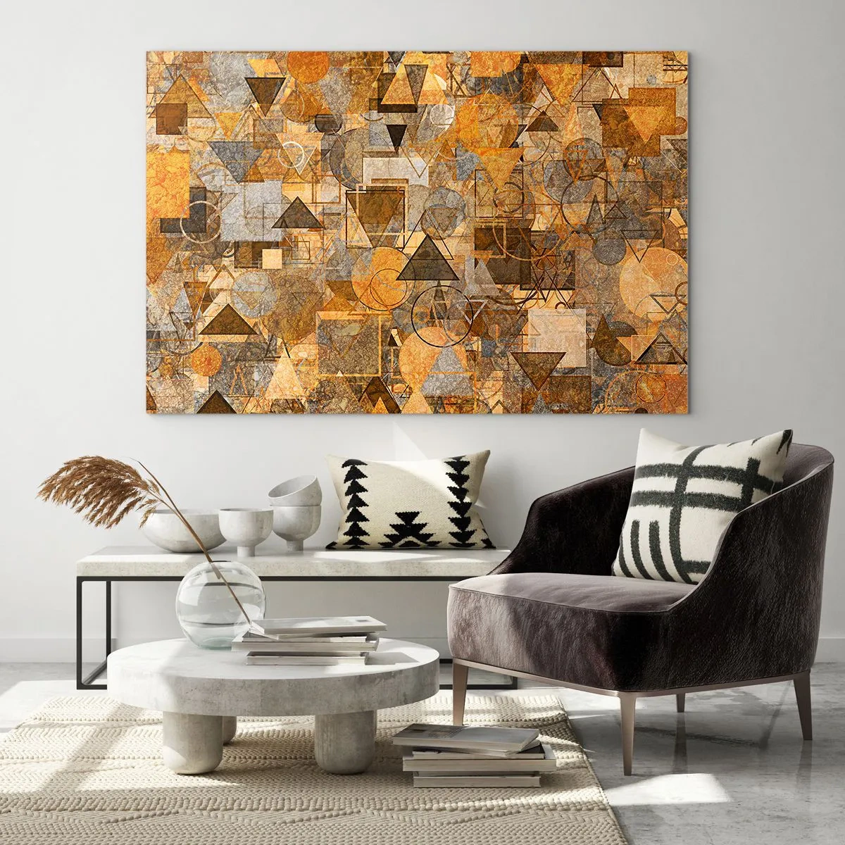 Obraz na skle - Abstraktní geometrická kompozice v teplých tónech - 70x50cm - Svět zachycený v podobě - Moderní nástěnná dekorace do obývacího pokoje a ložnice ARTTOR