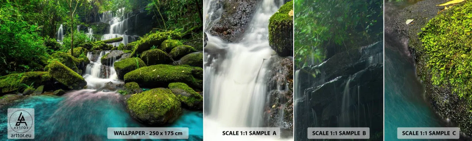 Vzor Fototapety Samolepicí Deluxe Sticker - Tyrkys, safíry a tekuté stříbro - Krajina, Vodopád, Horský potok - 100x30 cm