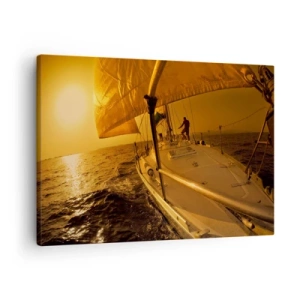 Obraz na plátně - Plachetnice na moři při západu slunce, zlatá záře. - 70x50cm - Zlatý večer po vícebarevném dni - Moderní nástěnná dekorace do obývacího pokoje a ložnice ARTTOR