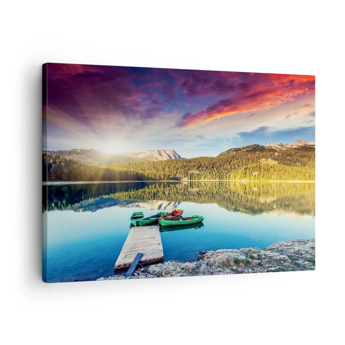 Obraz na plátně - Západ slunce nad jezerem s loděmi u mola - 70x50cm - U vody hladké jako zrcadlo - Moderní nástěnná dekorace do obývacího pokoje a ložnice ARTTOR