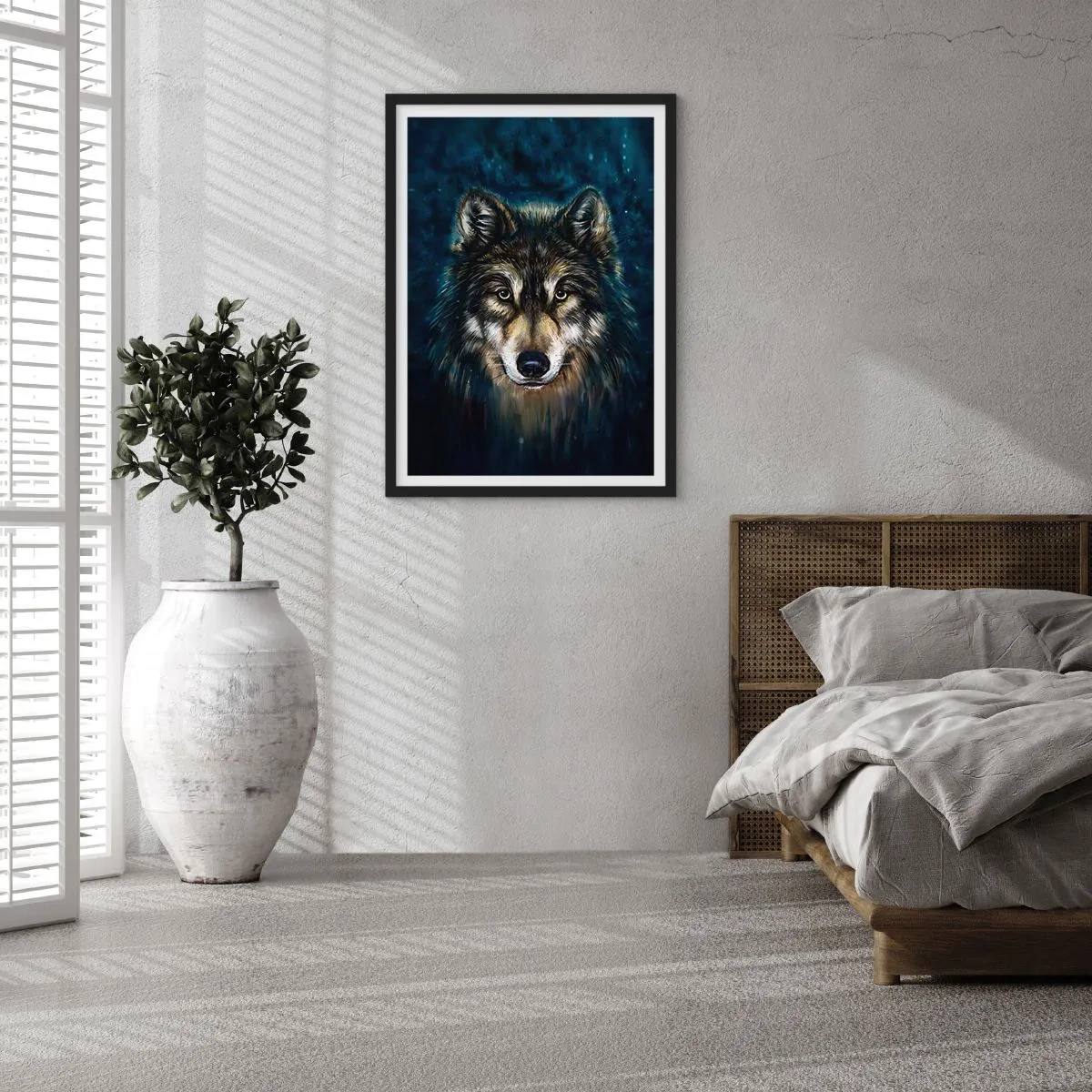 Plakát v černém rámu - Portrét vlka v tmavém, uměleckém tónu - 50x70cm - Alfa? A omega - Moderní nástěnná dekorace do obývacího pokoje a ložnice ARTTOR