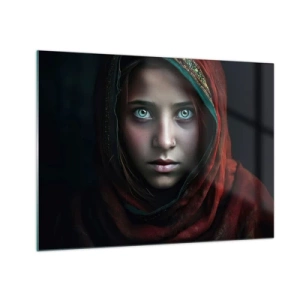 Obraz na skle - Portrét ženy v červeném šátku na tmavém pozadí - 70x50cm - Východní princezna - Moderní nástěnná dekorace do obývacího pokoje a ložnice ARTTOR
