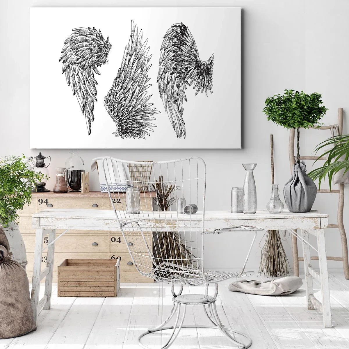 Obraz na plátně - Tři černobílé skici křídel v minimalistickém stylu. - 70x50cm - I ty se můžeš stát andělem - Moderní nástěnná dekorace do obývacího pokoje a ložnice ARTTOR