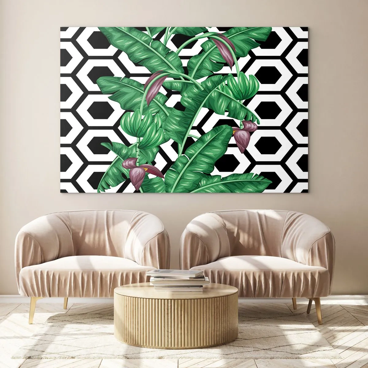 Obraz na skle - Tropické listy a květiny na černém a bílém geometrickém vzoru pozadí - 70x50cm - Symetrická kompozice z přírody - Moderní nástěnná dekorace do obývacího pokoje a ložnice ARTTOR