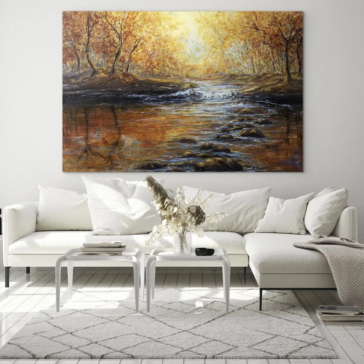 Obraz na skle - Zlatý potok v lese obklopeném podzimními stromy - 70x50cm - Zlatý potok - Moderní nástěnná dekorace do obývacího pokoje a ložnice ARTTOR
