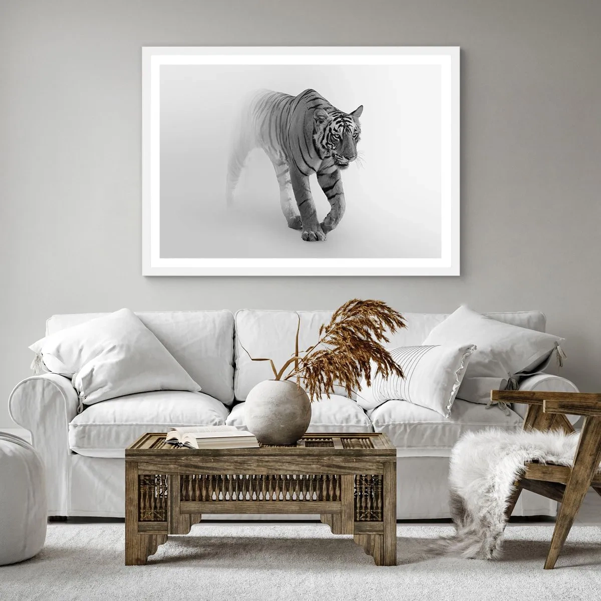 Plakát v bílém rámu - Přikrčený v mlze - 40x40 cm