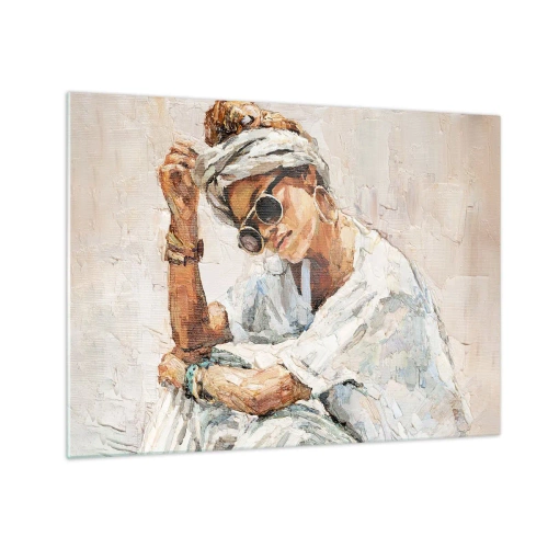 Obraz na skle - Portrét ženy s brýlemi a turbanem namalovaný špachtlí - 70x50cm - Portrét v plném slunci - Moderní nástěnná dekorace do obývacího pokoje a ložnice ARTTOR