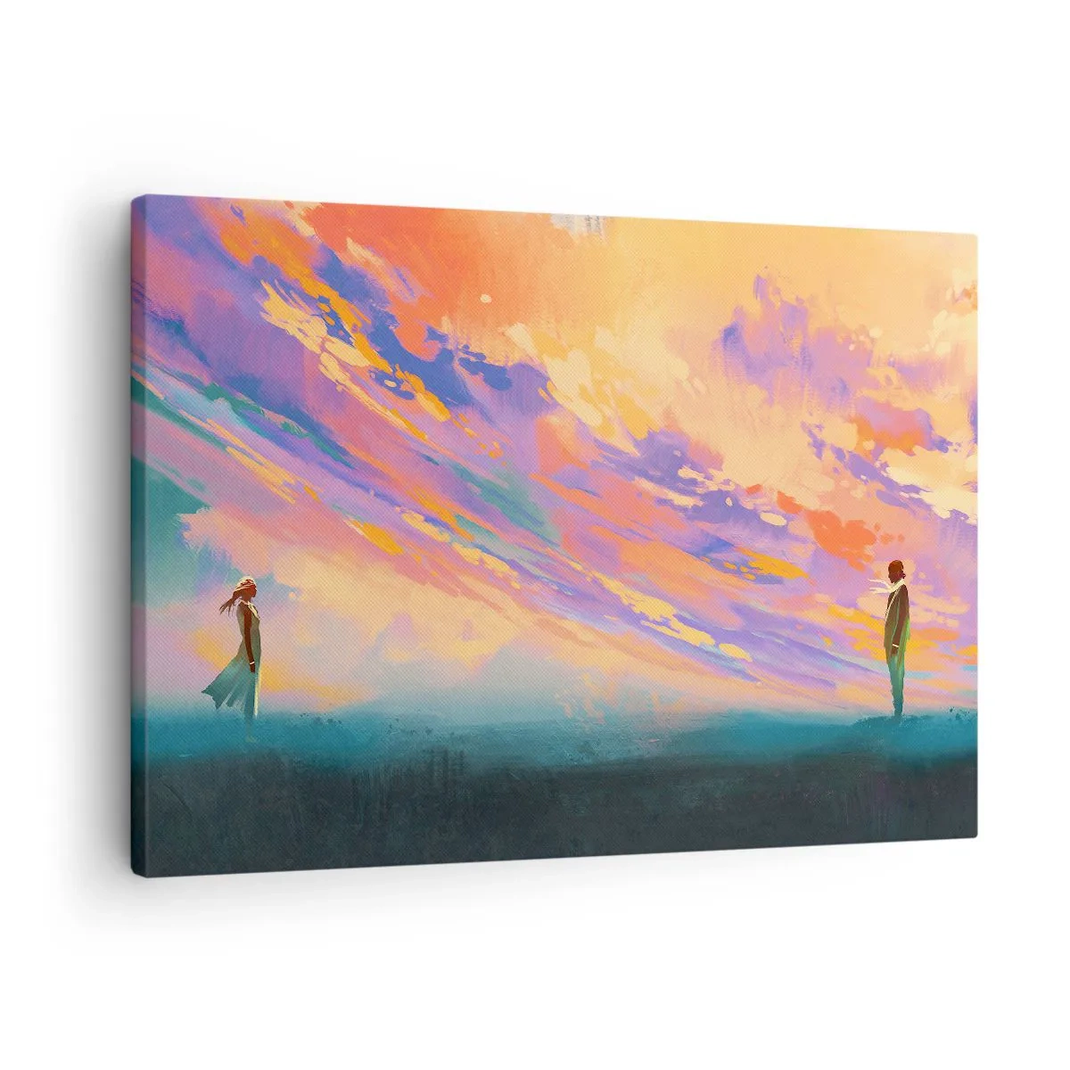Obraz na plátně - Dynamická scéna s postavami na pozadí barevné oblohy při západu slunce - 70x50cm - Síla přitažlivosti - Moderní nástěnná dekorace do obývacího pokoje a ložnice ARTTOR