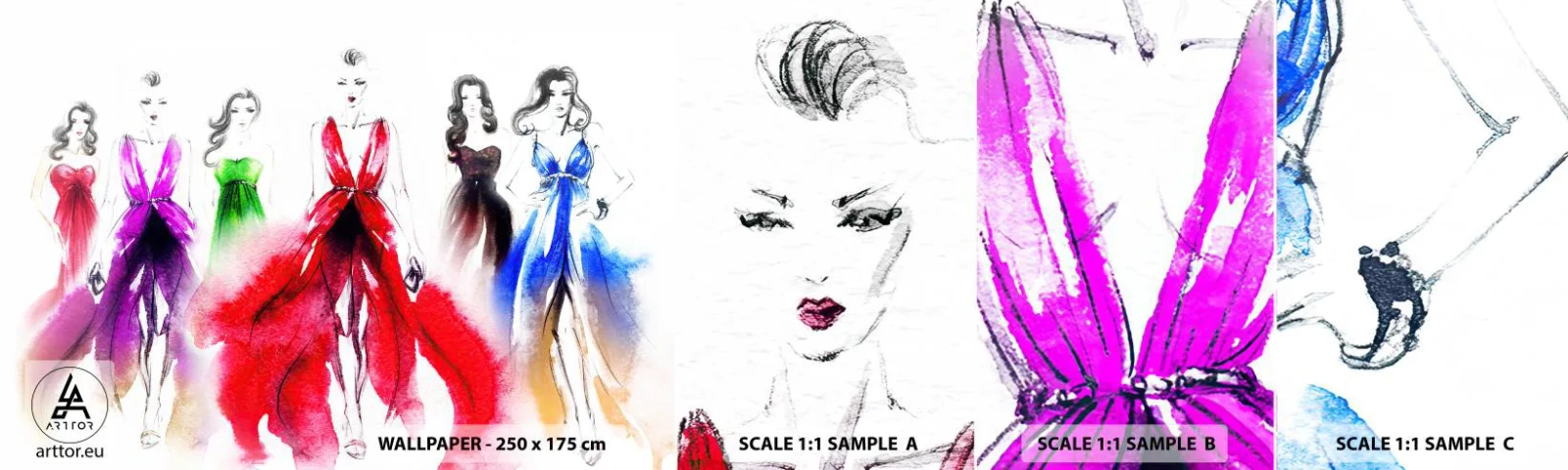 Vzor Fototapety Samolepicí Deluxe Sticker - Nálada na kostýmy - Módní přehlídka, Žena, Šaty - 100x30 cm