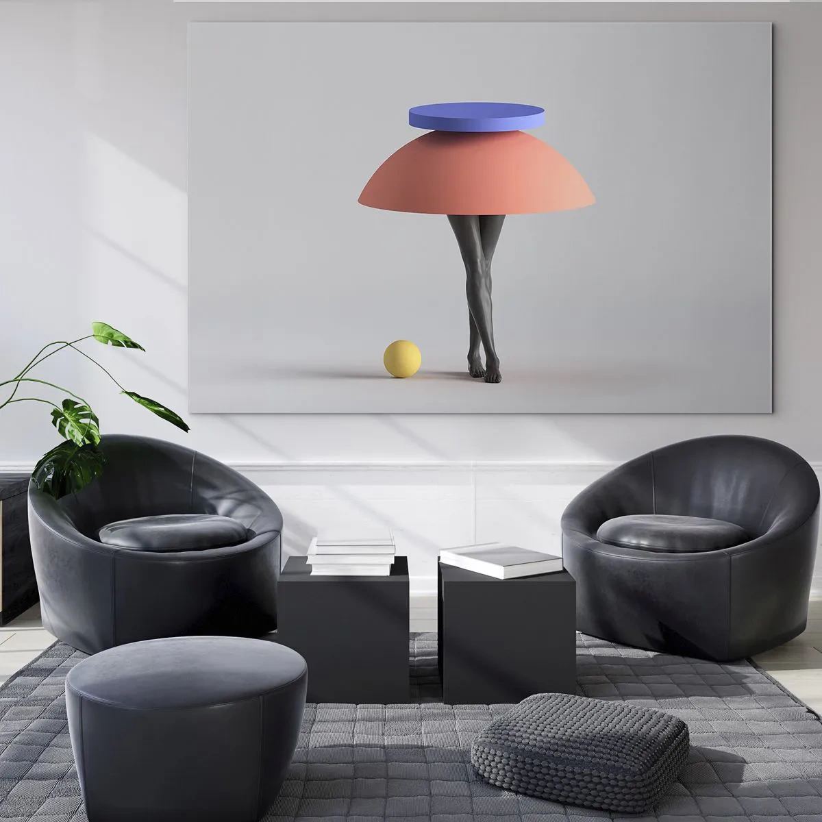 Obraz na skle - Surrealistická postava z geometrických tvarů a nohou - 70x50cm - Surrealistická kompozice - Moderní nástěnná dekorace do obývacího pokoje a ložnice ARTTOR
