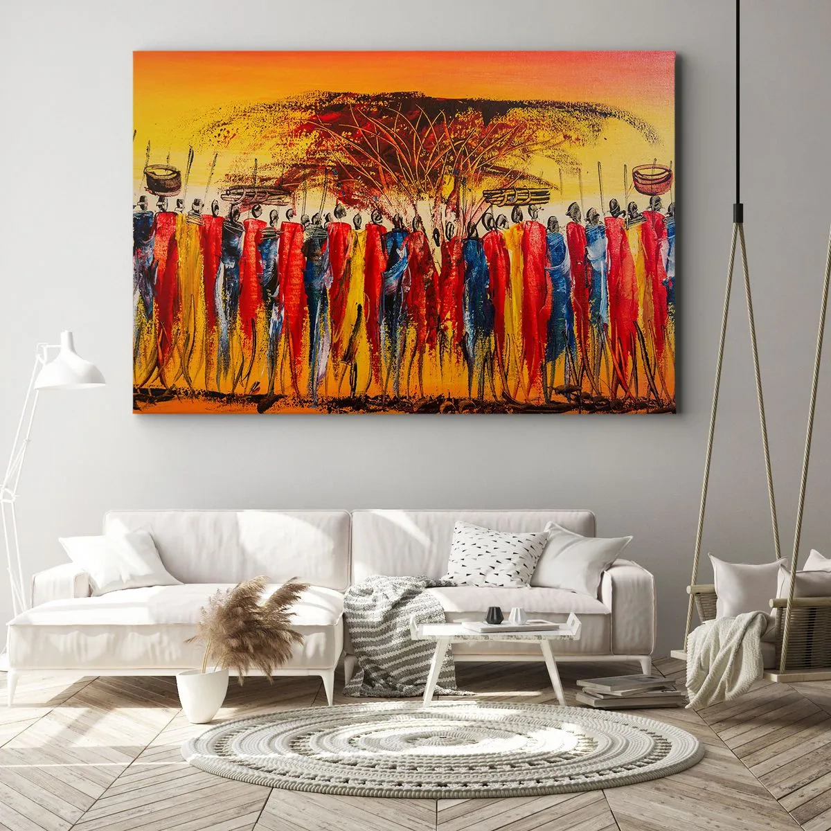 Obraz na plátně - Barevná scéna s africkými postavami na pozadí zapadajícího slunce. - 70x50cm - Tam, tam, tam, tam jdou - Moderní nástěnná dekorace do obývacího pokoje a ložnice ARTTOR