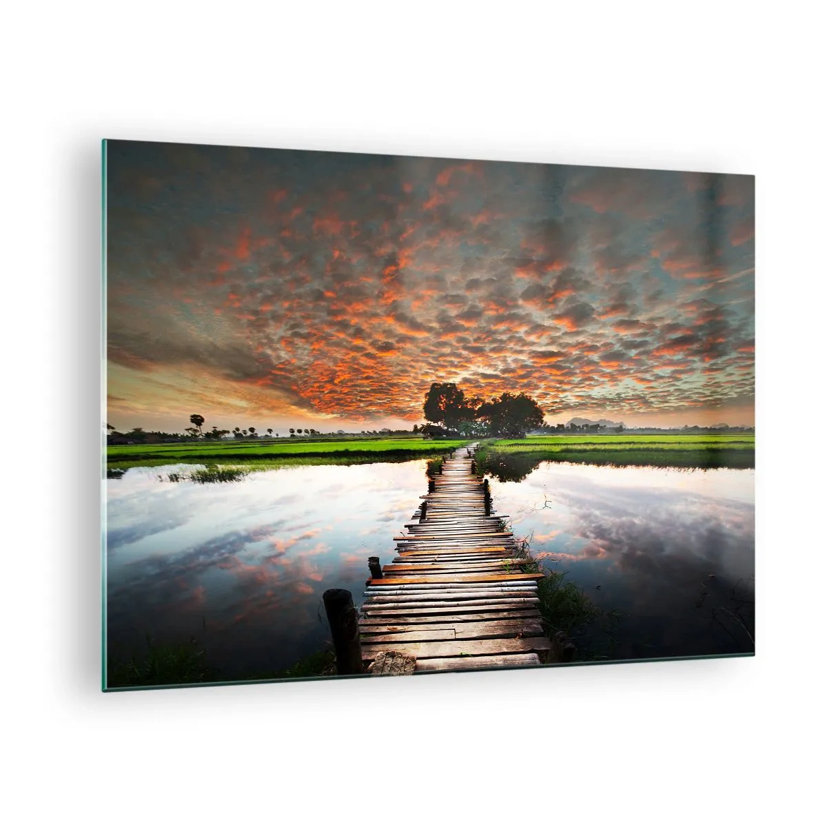 Obraz na skle - Dřevěný most přes řeku při západu slunce - 70x50cm - Roztáhněte ruce - dýchejte  - Moderní nástěnná dekorace do obývacího pokoje a ložnice ARTTOR