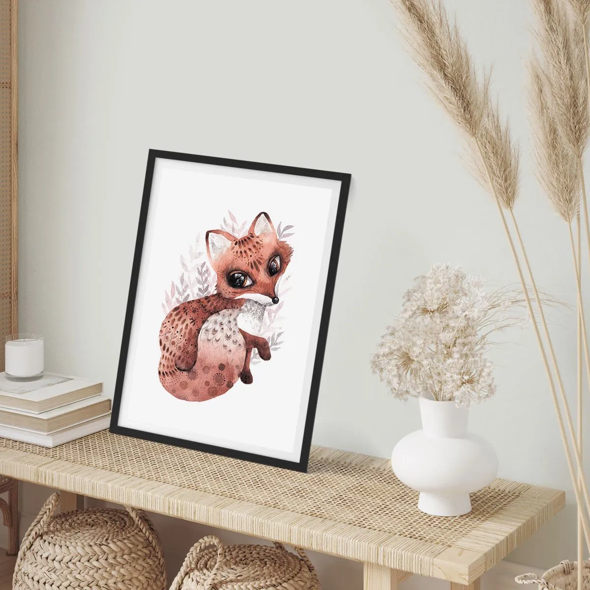 Plakát v černém rámu - Roztomilý akvarelový liška na bílém pozadí - 50x70cm - Prostě se zamilovat - Moderní nástěnná dekorace do obývacího pokoje a ložnice ARTTOR