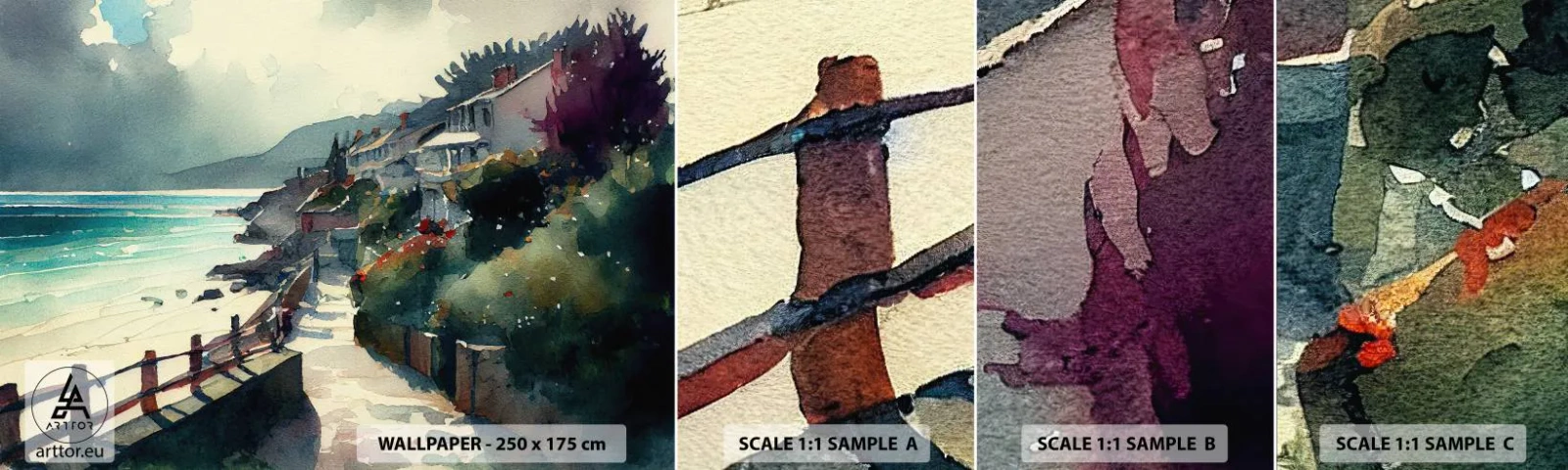 Vzor Fototapety Samolepicí Deluxe Sticker - Středomořské městečko - Domy, Krajina, Pláž - 100x30 cm