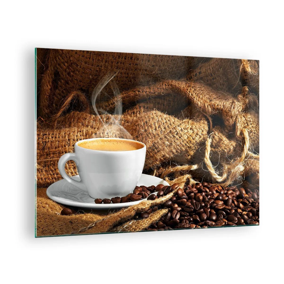 Obraz na skle - Šálek kávy s fazolemi na jutovém pozadí - 70x50cm - Vůně moka a hustota medové tekutiny - Moderní nástěnná dekorace do obývacího pokoje a ložnice ARTTOR