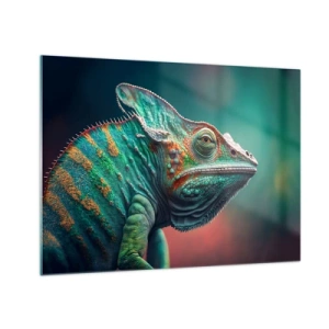 Obraz na skle - Barevný chameleon na rozmazaném pozadí v intenzivním světle. - 70x50cm - Vidíš mě? To není dobré… - Moderní nástěnná dekorace do obývacího pokoje a ložnice ARTTOR