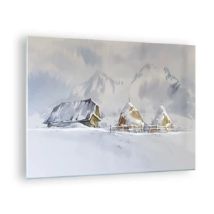 Obraz na skle - Zimní krajina s chatou a kupkami sena v horách - 70x50cm - V zasněženém údolí - Moderní nástěnná dekorace do obývacího pokoje a ložnice ARTTOR