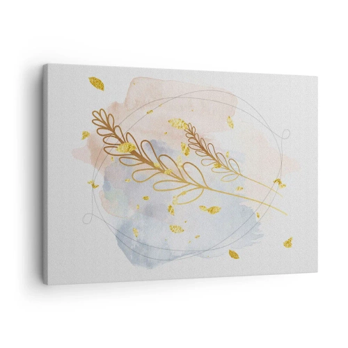 Obraz na plátně - Jemný motiv zlatých listů na pastelovém pozadí s detaily v akvarelu. - 70x50cm - Zlatý závan - Moderní nástěnná dekorace do obývacího pokoje a ložnice ARTTOR