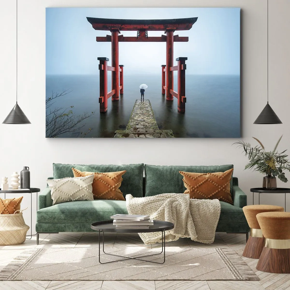 Obraz na plátně - Brána torii s výhledem na klidné jezero v Japonsku - 70x50cm - Japonské zamyšlení - Moderní nástěnná dekorace do obývacího pokoje a ložnice ARTTOR