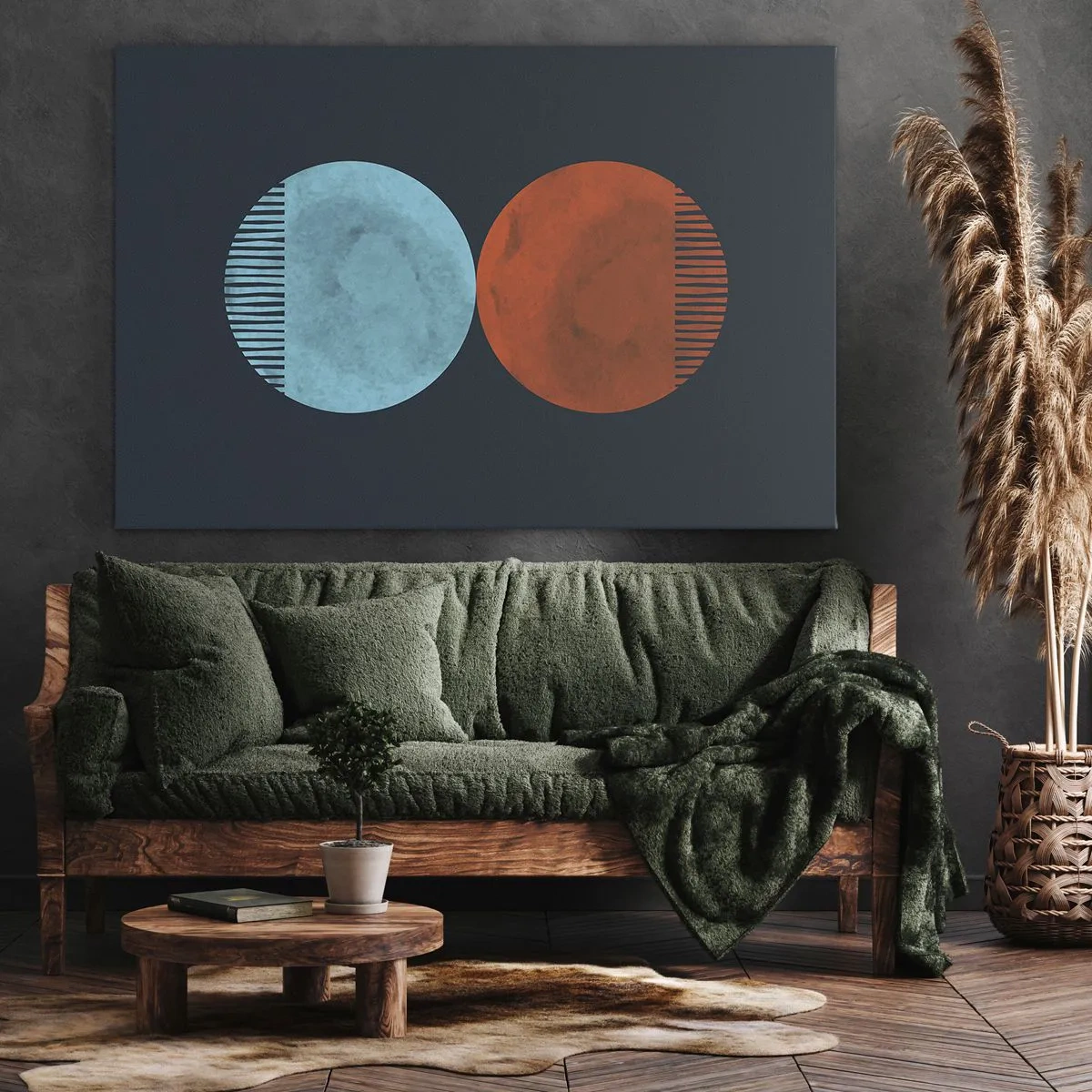 Obraz na plátně - Minimalistický design dvou kol v modré a oranžové barvě - 70x50cm - Pouze geometrie? - Moderní nástěnná dekorace do obývacího pokoje a ložnice ARTTOR
