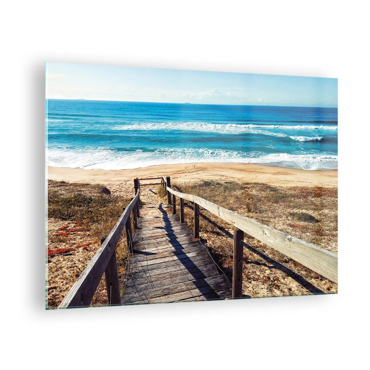 Obraz na skle - Dřevěná cesta vedoucí k pláži s výhledem na oceán - 70x50cm - Běž! - Moderní nástěnná dekorace do obývacího pokoje a ložnice ARTTOR