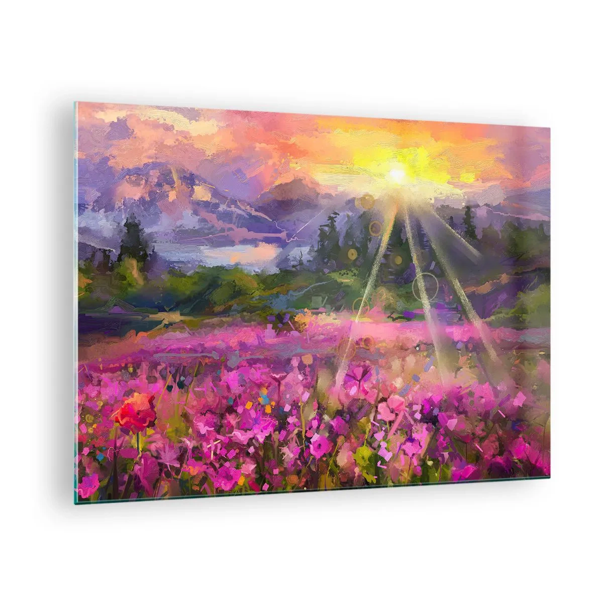 Obraz na skle - Malebné údolí plné květin ozářené slunečními paprsky - 70x50cm - V údolí v péči slunce - Moderní nástěnná dekorace do obývacího pokoje a ložnice ARTTOR