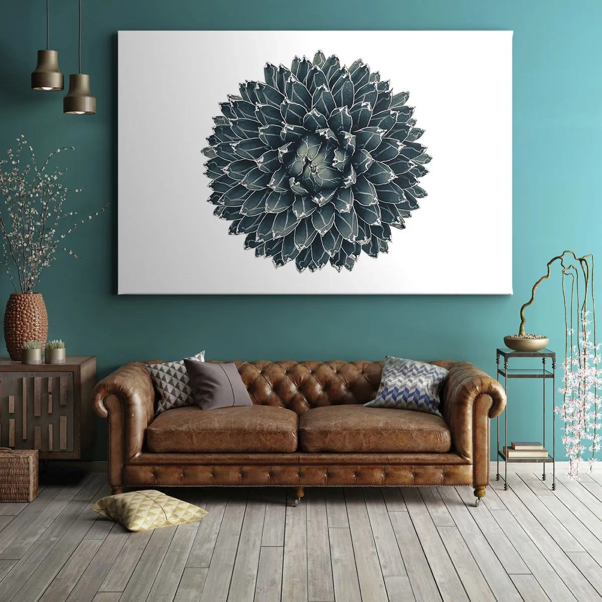 Obraz na plátně - Symetrická sukulentní rostlina na bílém pozadí - 70x50cm - Hvězda pouště - Moderní nástěnná dekorace do obývacího pokoje a ložnice ARTTOR