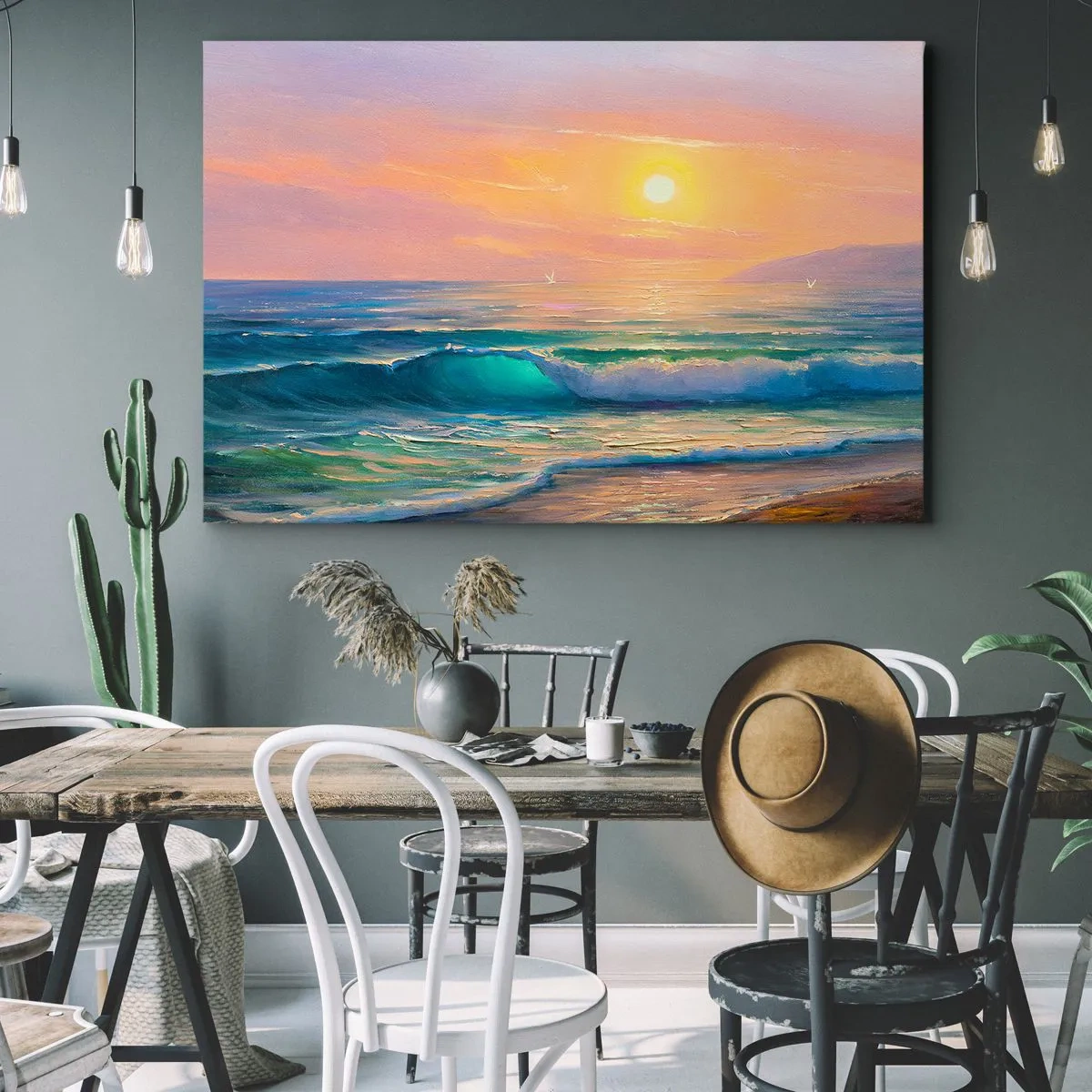 Obraz na plátně - Mořská krajina se západem slunce - 70x50cm - Tyrkysová píseň vln - Moderní nástěnná dekorace do obývacího pokoje a ložnice ARTTOR