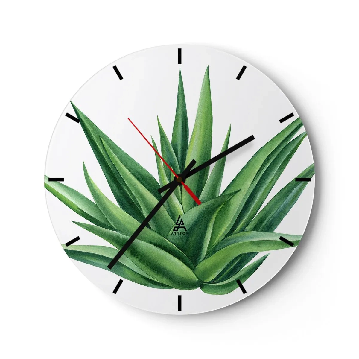 Nástěnné hodiny - Zelená agáve na bílém pozadí v botanickém stylu - 30x30cm - Zelená – síla – život - Moderní nástěnná dekorace do obývacího pokoje, kuchyně a ložnice ARTTOR