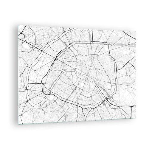 Obraz na skle - Černobílá mapa města s uliční mřížkou a kruhovými tepnami - 70x50cm - Květ Paříže - Moderní nástěnná dekorace do obývacího pokoje a ložnice ARTTOR