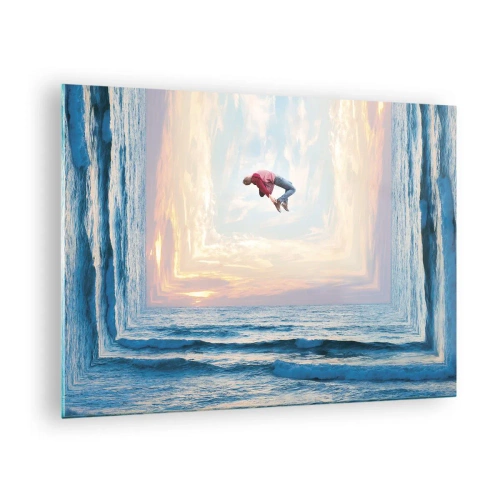 Obraz na skle - Muž skákající přes moře v surrealistickém záběru - 70x50cm - Do jiné dimenze - Moderní nástěnná dekorace do obývacího pokoje a ložnice ARTTOR