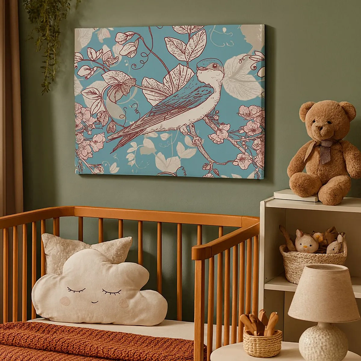 Obraz na plátně - Pták na větvi v jemném květinovém stylu - 70x50cm - Na bílém stromě ptáci a stříbrné listí - Moderní nástěnná dekorace do obývacího pokoje a ložnice ARTTOR