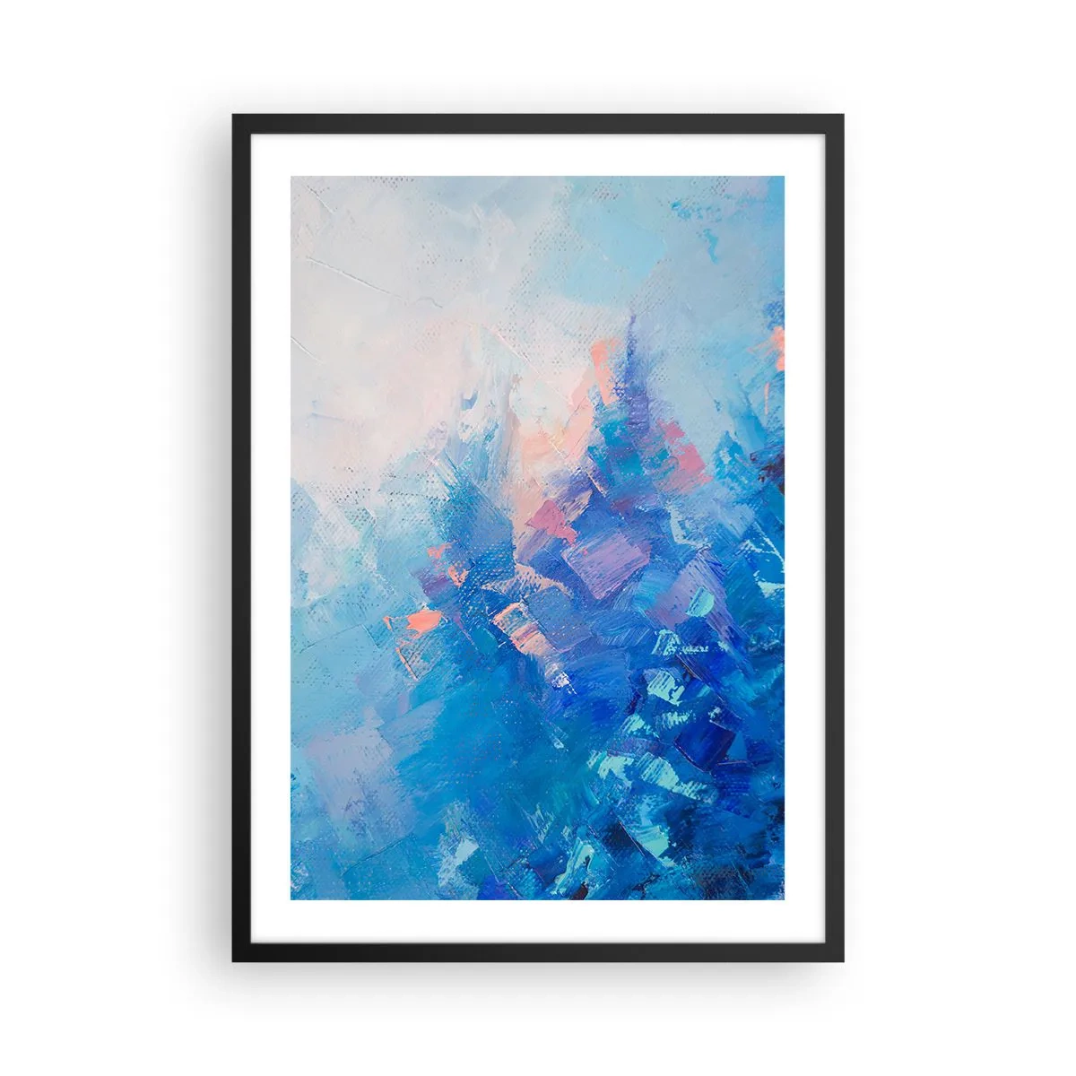 Plakát v černém rámu - Abstraktní kompozice v odstínech modré a růžové inspirovaná zimní krajinou. - 50x70cm - Zimní abstrakce - Moderní nástěnná dekorace do obývacího pokoje a ložnice ARTTOR