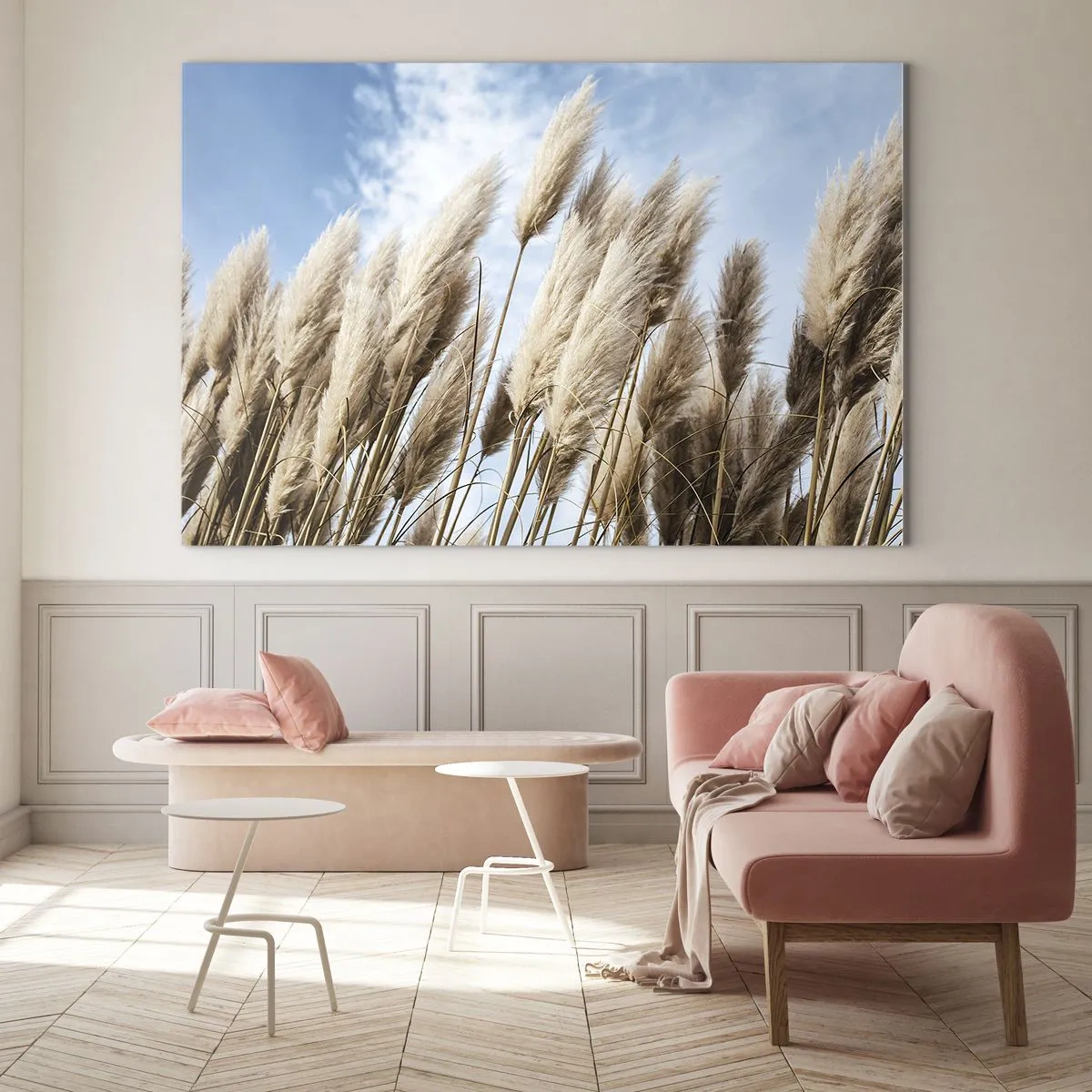 Obraz na skle - Dekorativní pampové trávy proti modré obloze - 70x50cm - Slunečné a větrné pohlazení - Moderní nástěnná dekorace do obývacího pokoje a ložnice ARTTOR