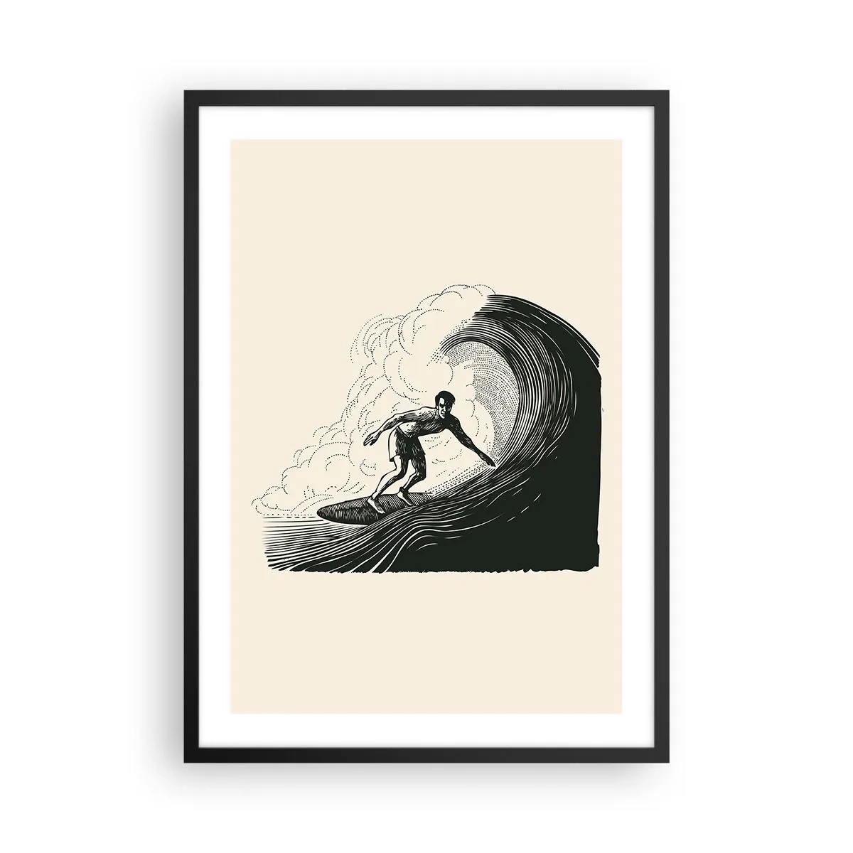Plakát v černém rámu - Retro surfař na vlně grafika, černá a krémová kompozice - 50x70cm - Král vln - Moderní nástěnná dekorace do obývacího pokoje a ložnice ARTTOR