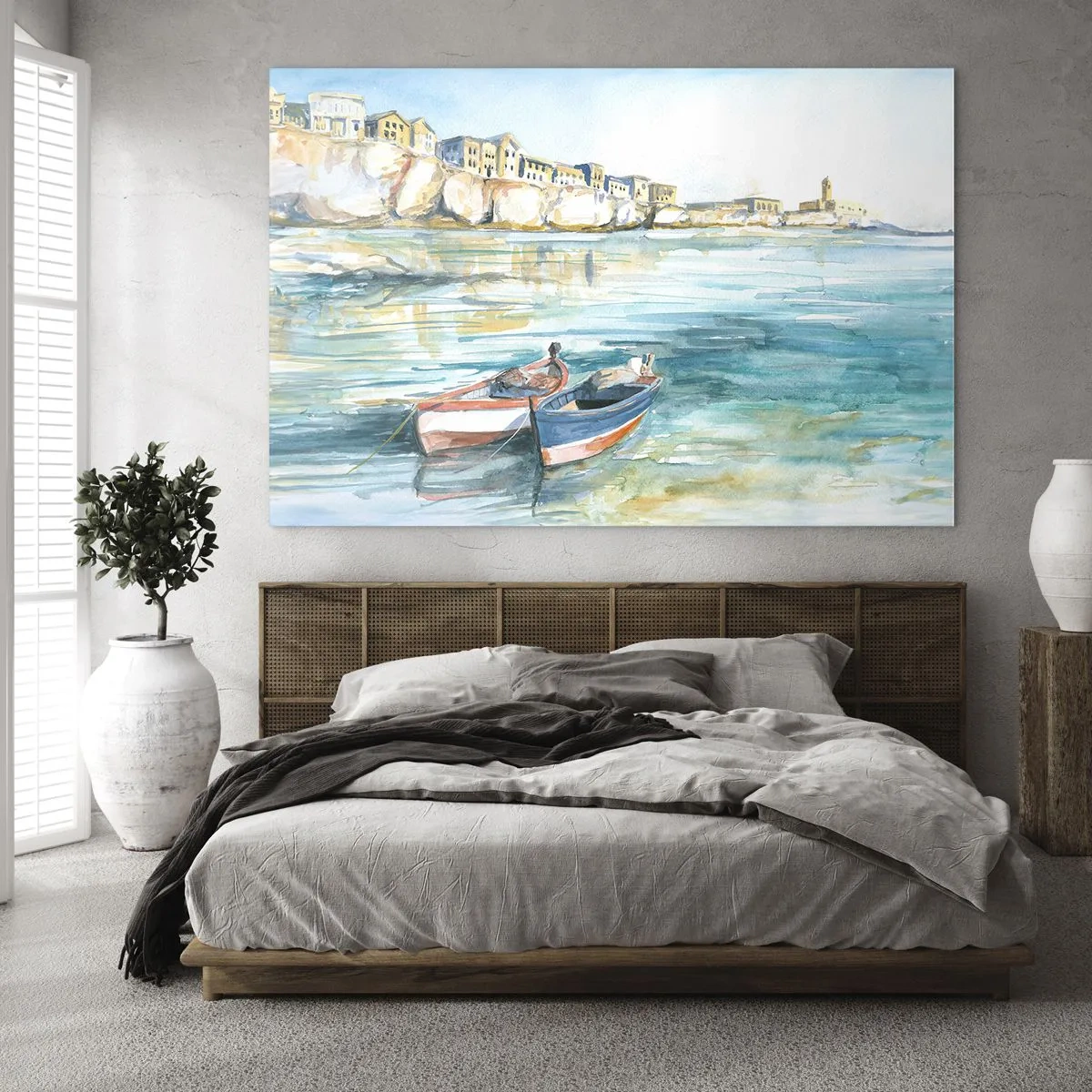 Obraz na skle - Akvamarínová zátoka s loděmi a budovami na útesu - 70x50cm - Krajina v modří - Moderní nástěnná dekorace do obývacího pokoje a ložnice ARTTOR